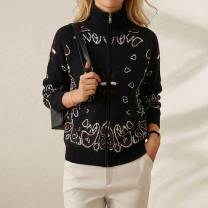 Knitted stand collar zip-up cardigan - women's casual long sleeve sweater - black