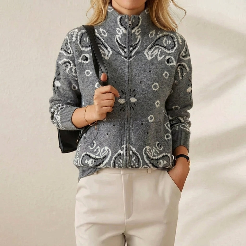 Knitted stand collar zip-up cardigan - women's casual long sleeve sweater - grey