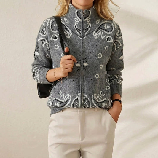 Knitted stand collar zip-up cardigan - women's casual long sleeve sweater - grey