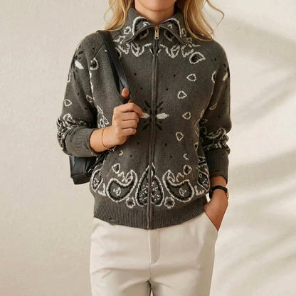 Knitted stand collar zip-up cardigan - women's casual long sleeve sweater - khaki