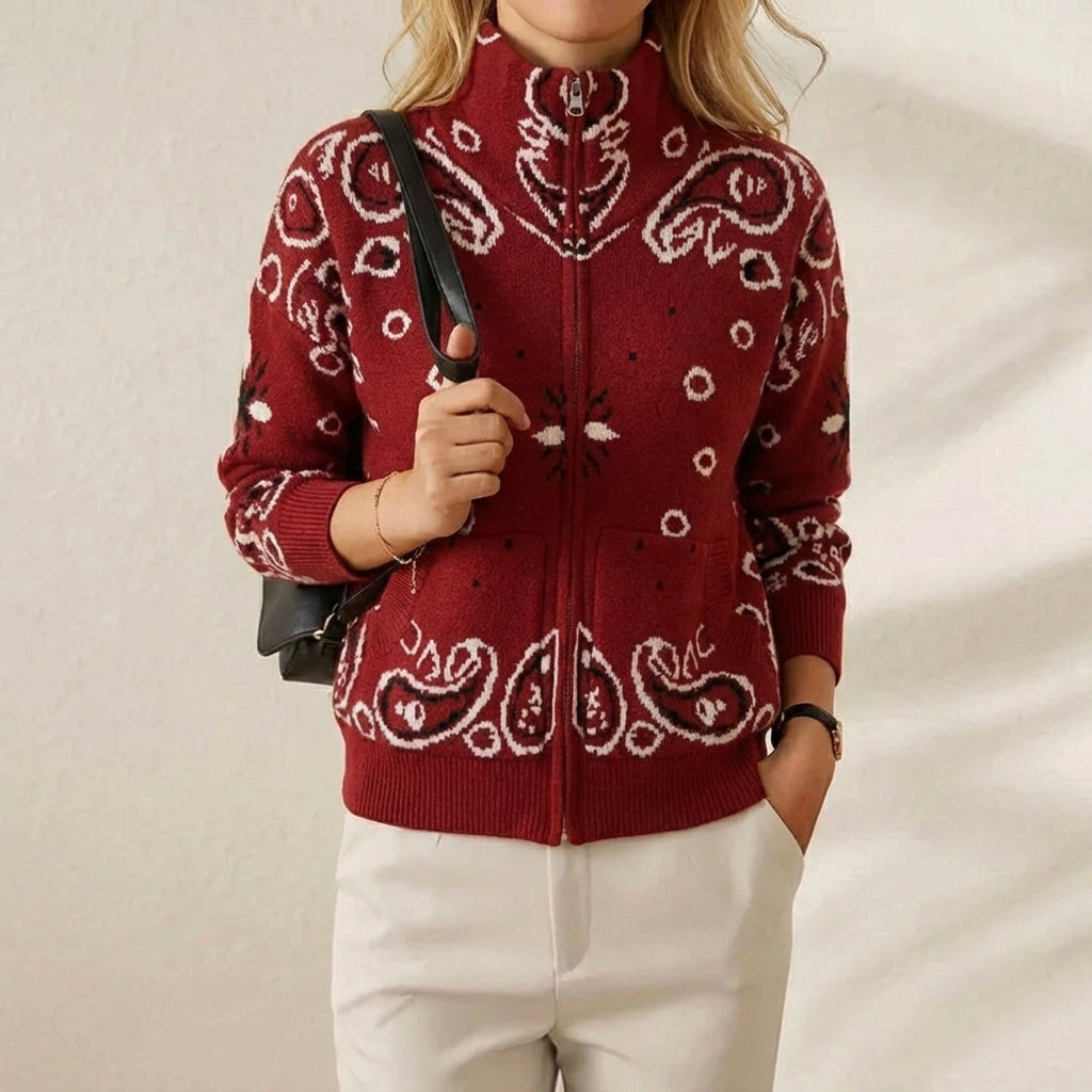 Knitted stand collar zip-up cardigan - women's casual long sleeve sweater - red