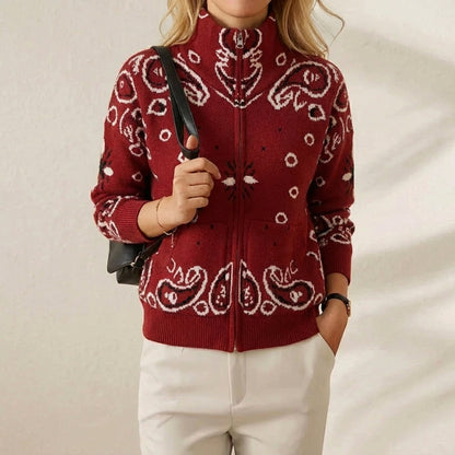 Knitted stand collar zip-up cardigan - women's casual long sleeve sweater - red