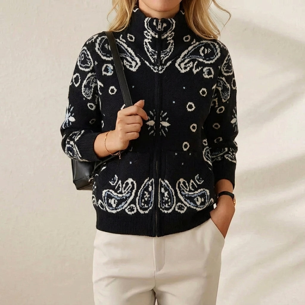 Knitted stand collar zip-up cardigan women's casual long sleeve sweater - navy blue
