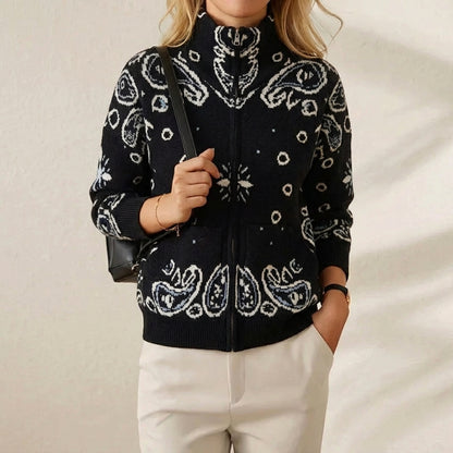 Knitted stand collar zip-up cardigan women's casual long sleeve sweater - navy blue